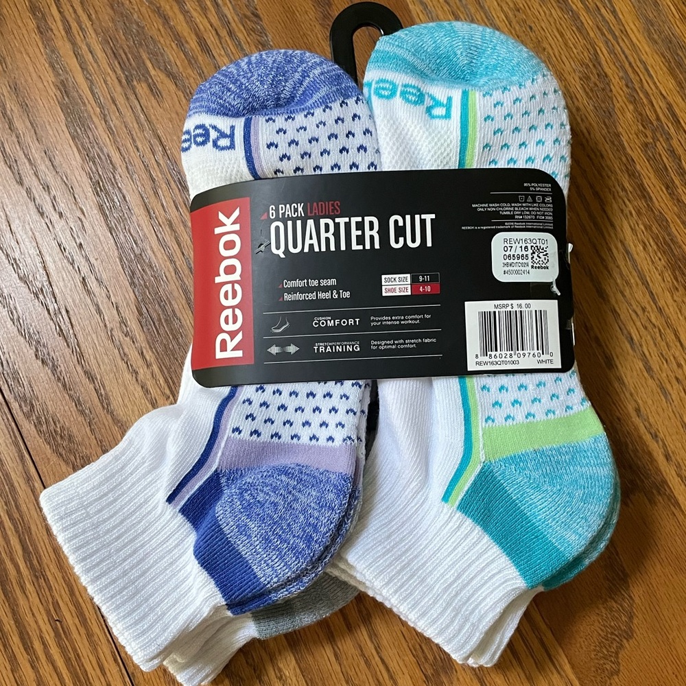 NWT Reebok Performance Training 6-pack Sz 9-11 Quarter Cut Socks